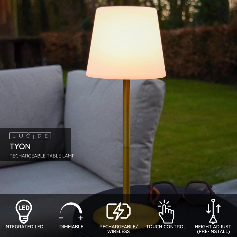 Lucide TYON - Dobíjacia stolová lampa Vnútorná/Vonkajšia - Batéria/batérie - Ø 15 cm - Rozm. - IP65 - Matné zlato / mosadz